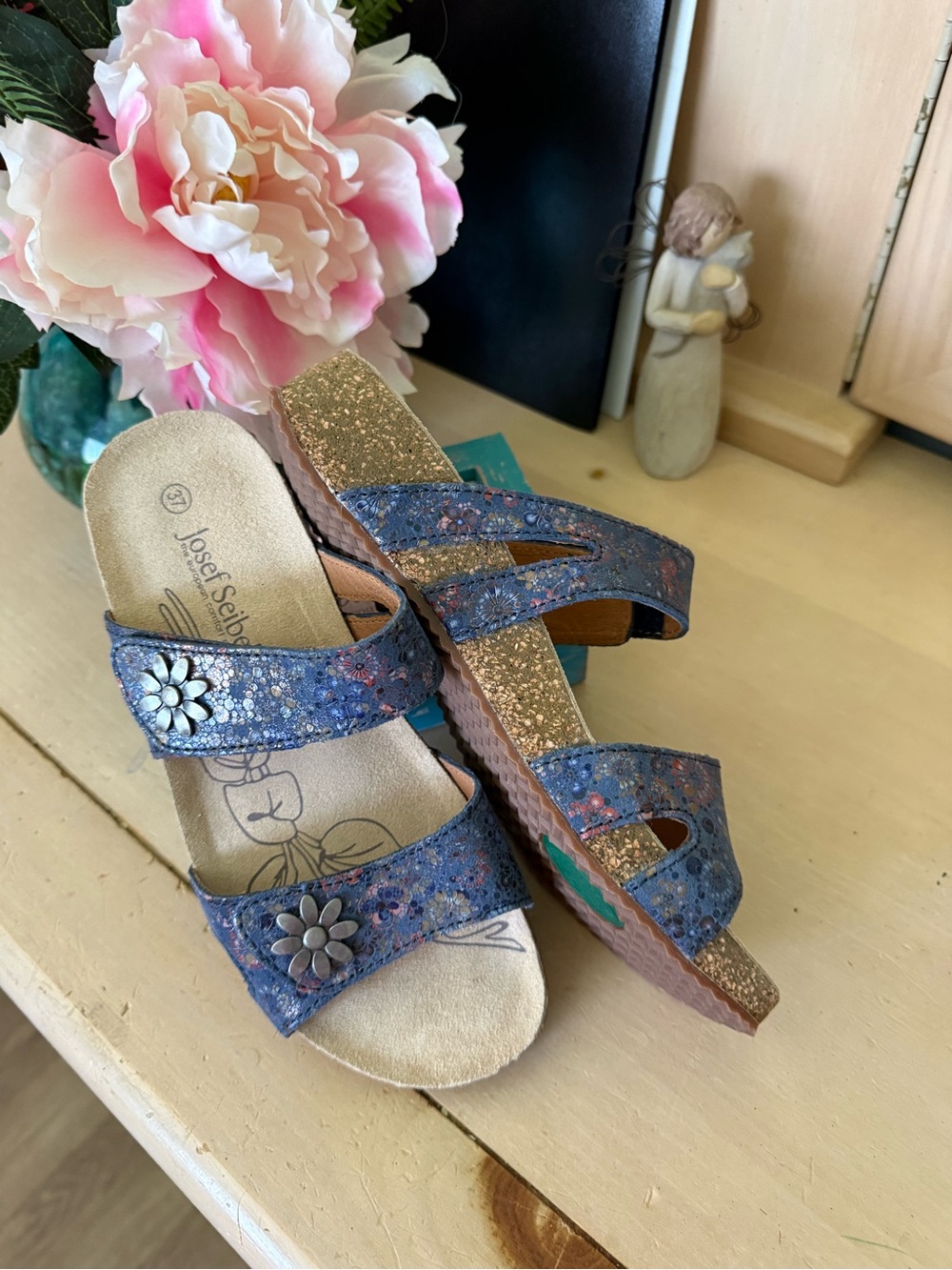 Josef Seibel Blue Floral Accent Wedge Sandals